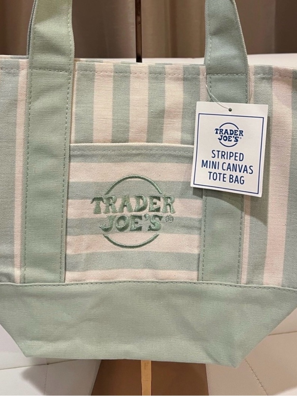 Trader Joe's Mint Green Striped Mini Canvas Tote Bag